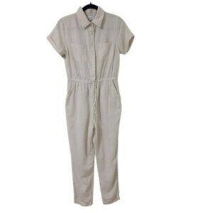 Jopra Jumpsuit M Linen Blend Womens Beige Button-Front Collared